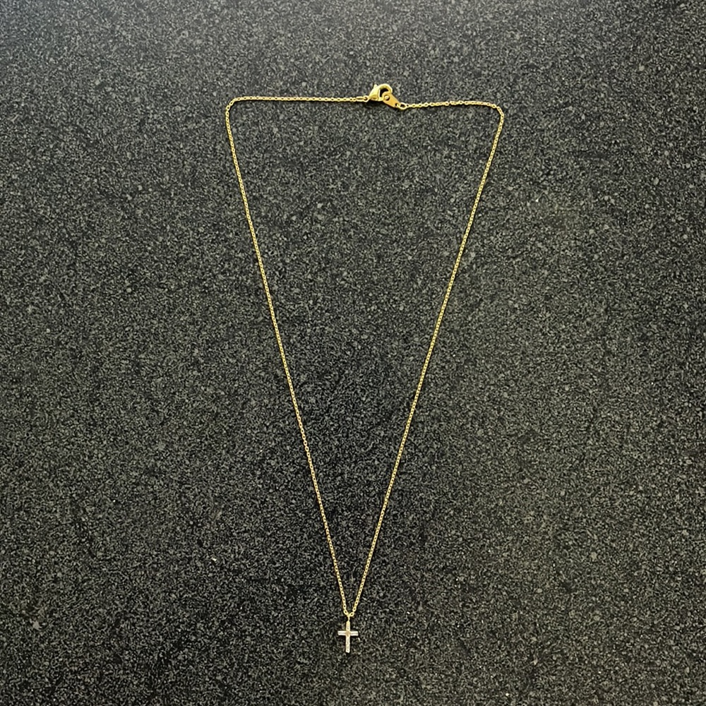 Women Baguette Crystal Gold Finish Cross 17 inches Necklace - Picture 2 of 4